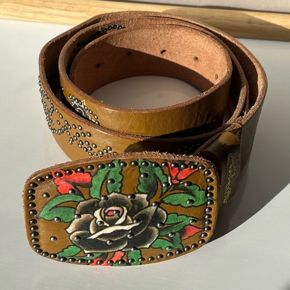 Ed Hardy Leather Belt Yellow Rose Tattoo Buckle Adjustable Size L Vintage Style main image 12